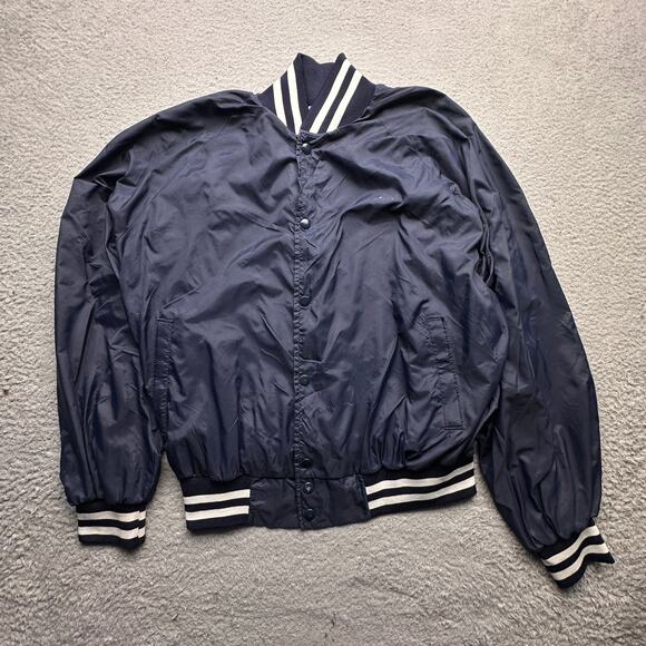 Vintage 70s Win Wear Nylon Varsity Button Lined Jacket Men Large Navy Blue Snap - Picture 1 of 16